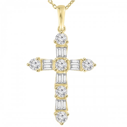 2.05 ct t.w. Ladies Round and Baguette Cut Diamond Cross Pendant Necklace in Yellow Gold